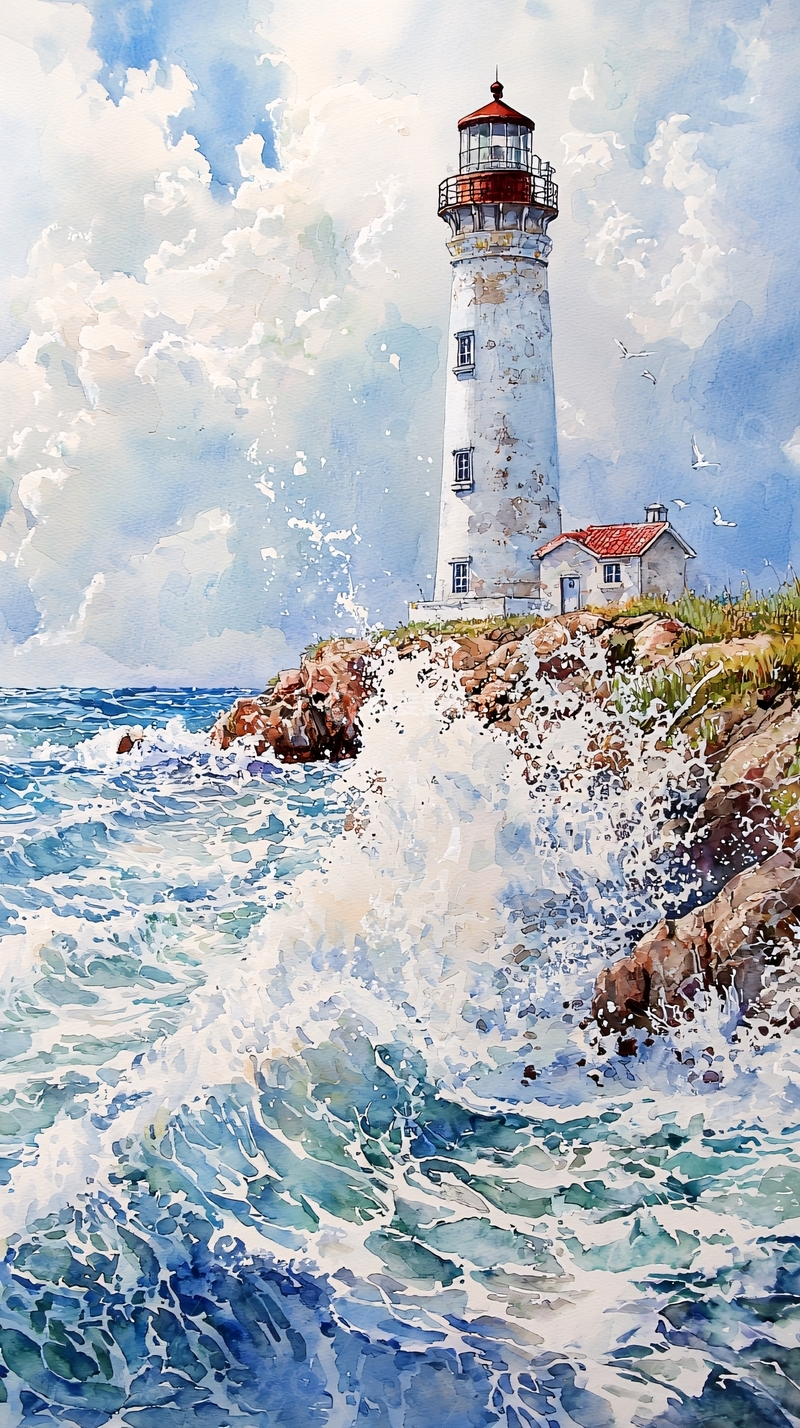 高清大图下载【趣麦麦图】海边灯塔水彩画