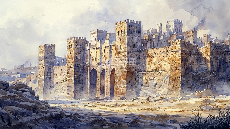 高清大图下载【趣麦麦图】古城废墟水彩画