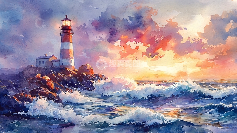 高清大图下载【趣麦麦图】海边灯塔日落水彩画
