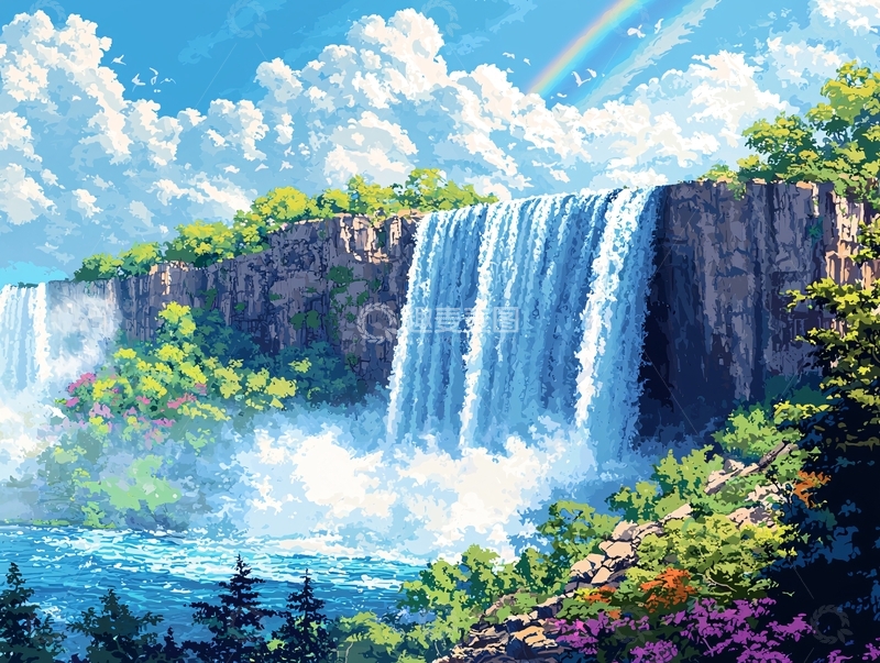 高清大图下载【趣麦麦图】彩虹瀑布风景画