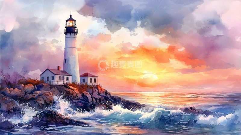高清大图下载【趣麦麦图】灯塔日落海浪水彩画