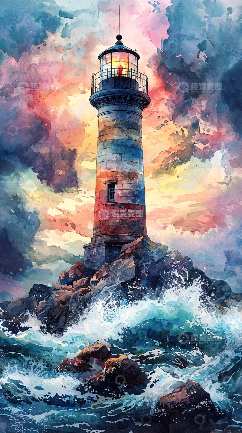 高清大图下载【趣麦麦图】彩色灯塔水彩画