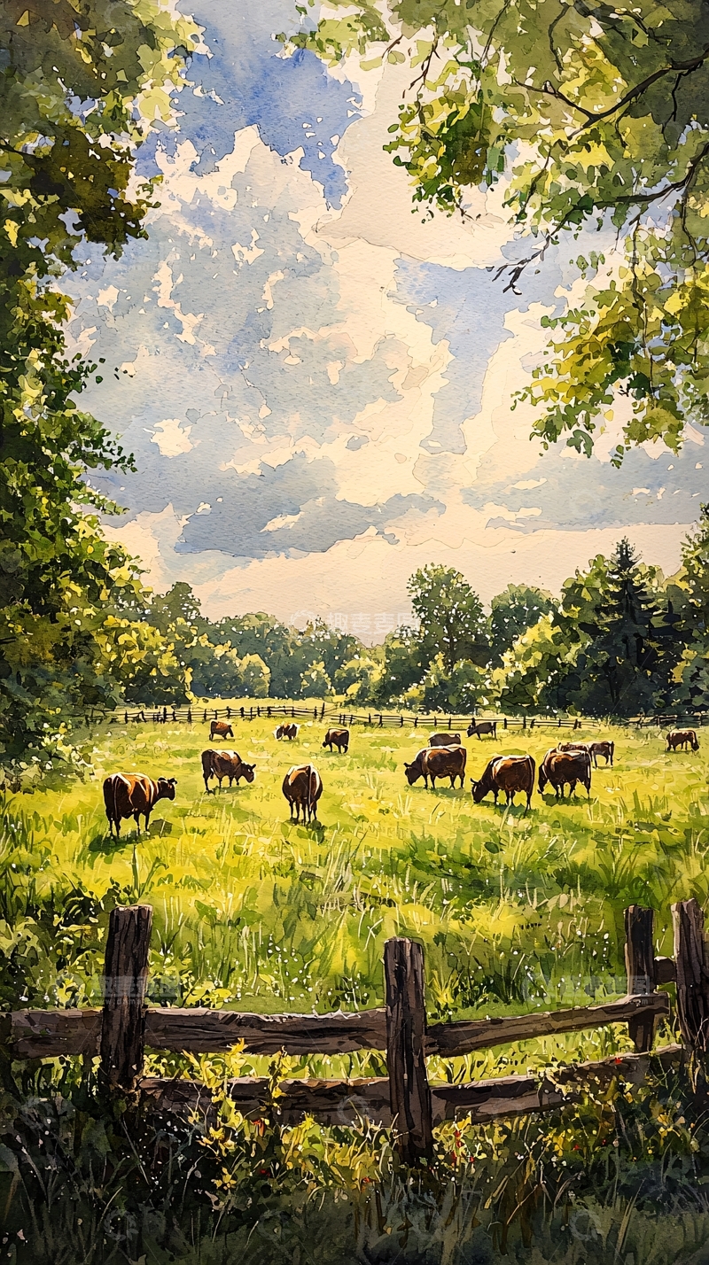 高清大图下载【趣麦麦图】阳光牧场水彩画