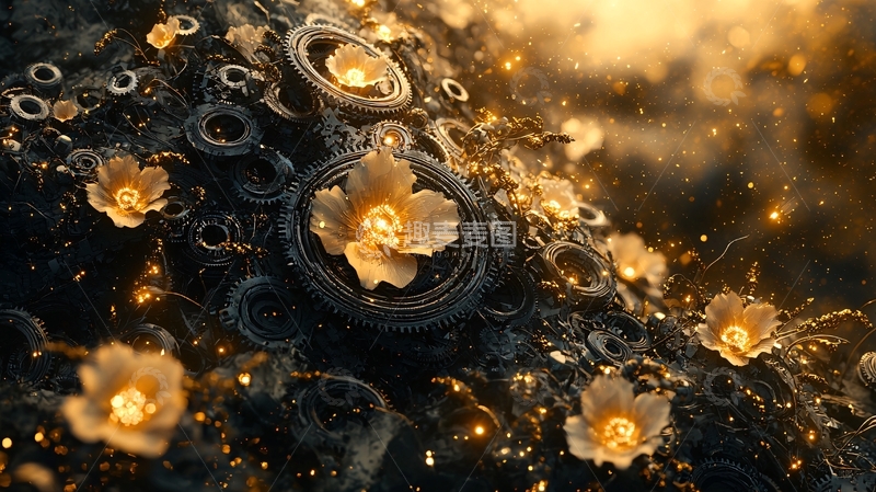 高清大图下载【趣麦麦图】发光花朵机械装置背景