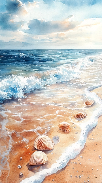 海边贝壳水彩画