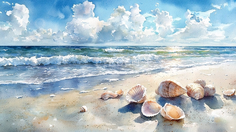 高清大图下载【趣麦麦图】阳光沙滩贝壳海浪