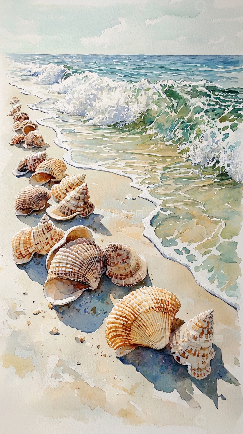 高清大图下载【趣麦麦图】海滩贝壳水彩画