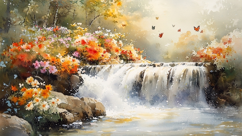 高清大图下载【趣麦麦图】水彩瀑布鲜花蝴蝶