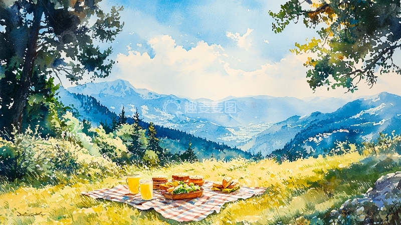 高清大图下载【趣麦麦图】山间野餐风景画