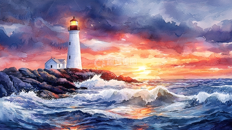 高清大图下载【趣麦麦图】海边灯塔日落风景画