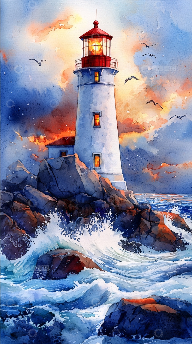 高清大图下载【趣麦麦图】海边灯塔水彩画