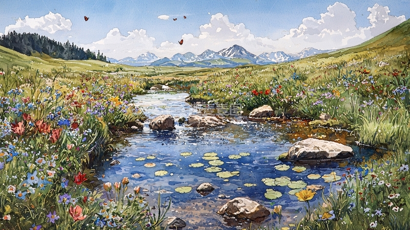 高清大图下载【趣麦麦图】山间溪流野花盛开