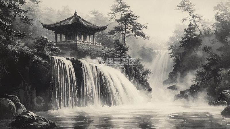 高清大图下载【趣麦麦图】水墨风亭台瀑布山水画