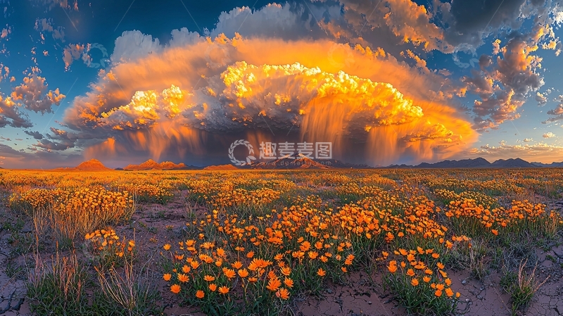 高清大图下载【趣麦麦图】日落时分暴雨下的花田