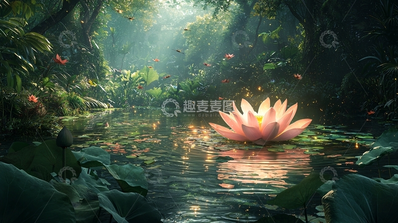 高清大图下载【趣麦麦图】梦幻森林溪流莲花