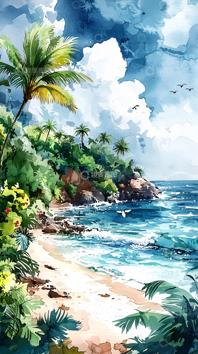 高清大图下载【趣麦麦图】水彩画海滩风景