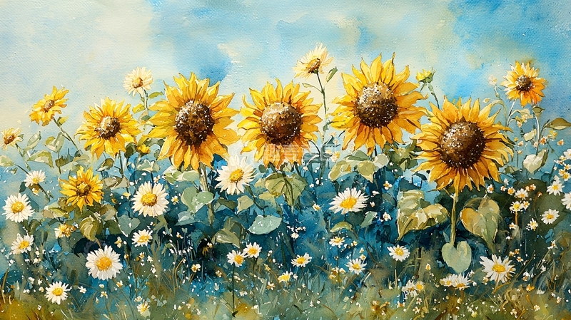 高清大图下载【趣麦麦图】向日葵田园水彩画