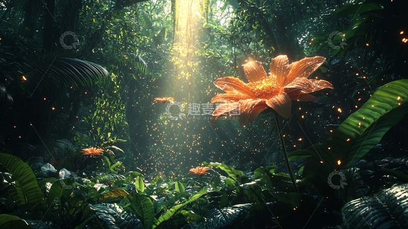 高清大图下载【趣麦麦图】光线透过树林照亮橙色花朵