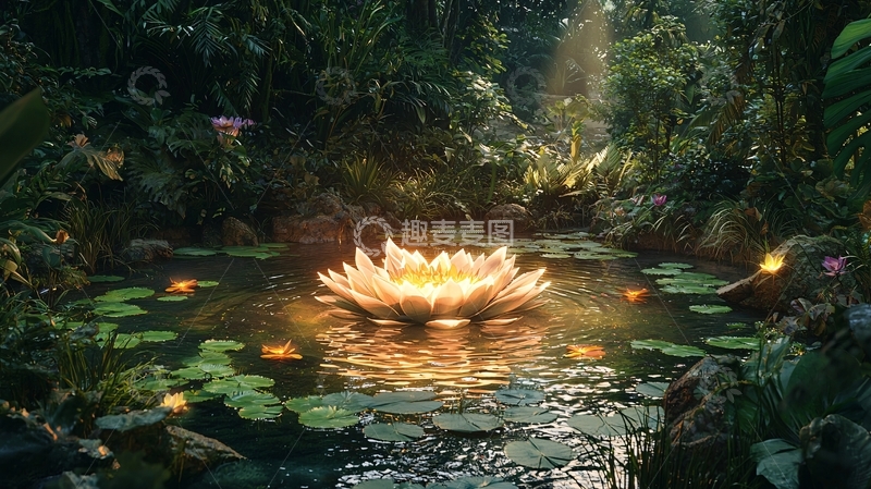 高清大图下载【趣麦麦图】神秘发光莲花池塘
