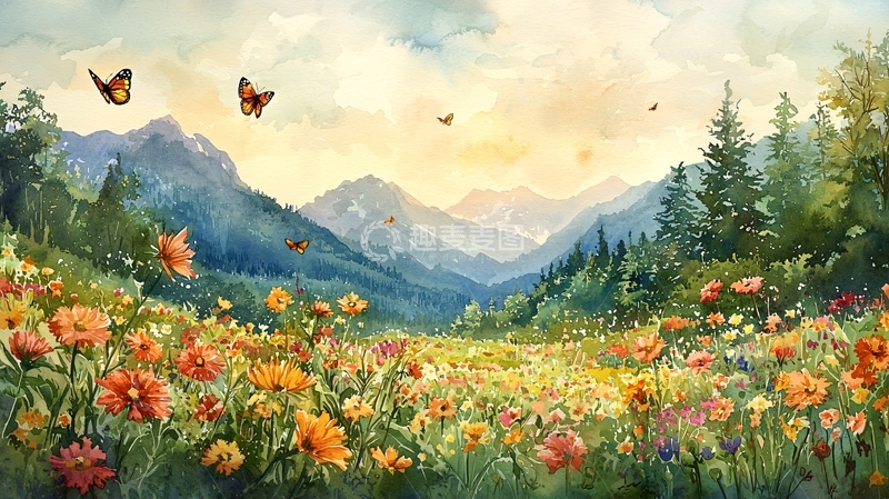 高清大图下载【趣麦麦图】水彩花海山景
