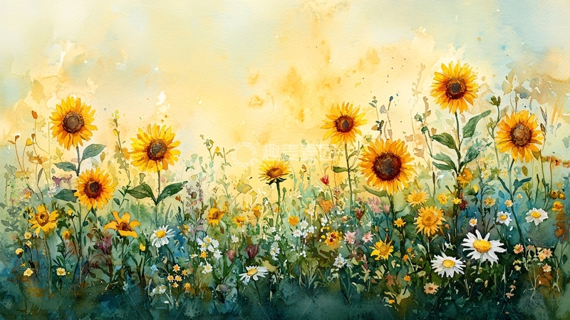 高清大图下载【趣麦麦图】向日葵花田水彩画