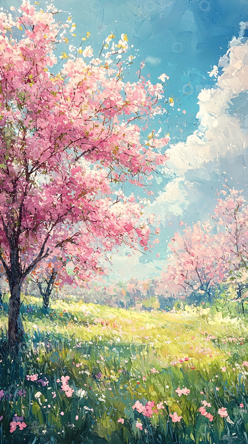高清大图下载【趣麦麦图】春日樱花树下的田野