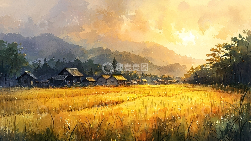 高清大图下载【趣麦麦图】夕阳下金色的稻田村庄