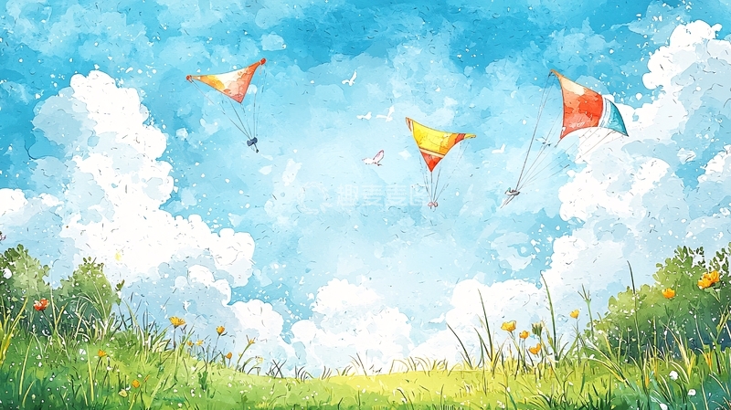 高清大图下载【趣麦麦图】蓝天白云下放风筝