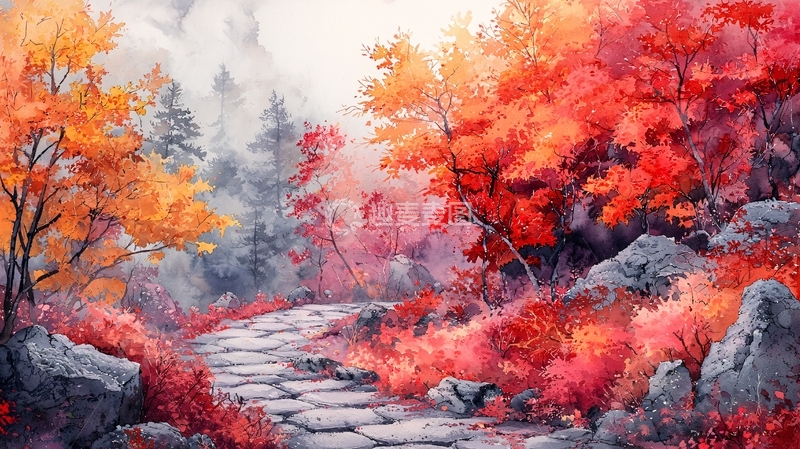 高清大图下载【趣麦麦图】秋日红叶山间小路