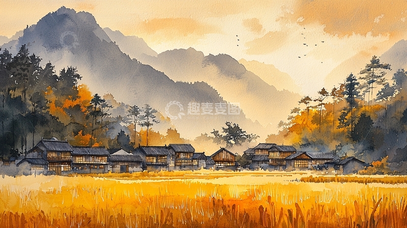 高清大图下载【趣麦麦图】山村秋景水彩画