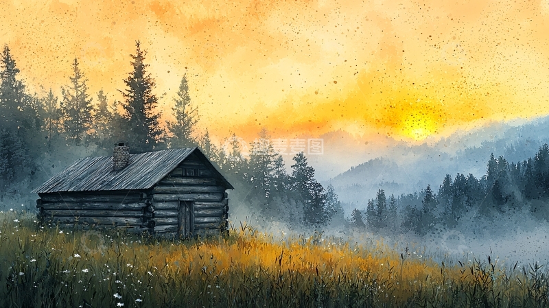 高清大图下载【趣麦麦图】日落山间木屋