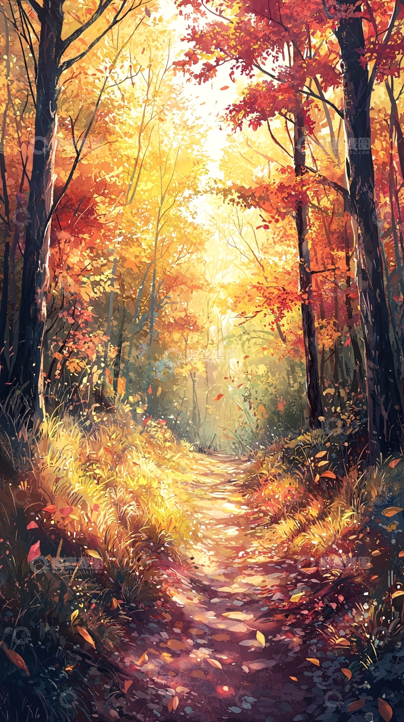 高清大图下载【趣麦麦图】秋日森林小路的光辉
