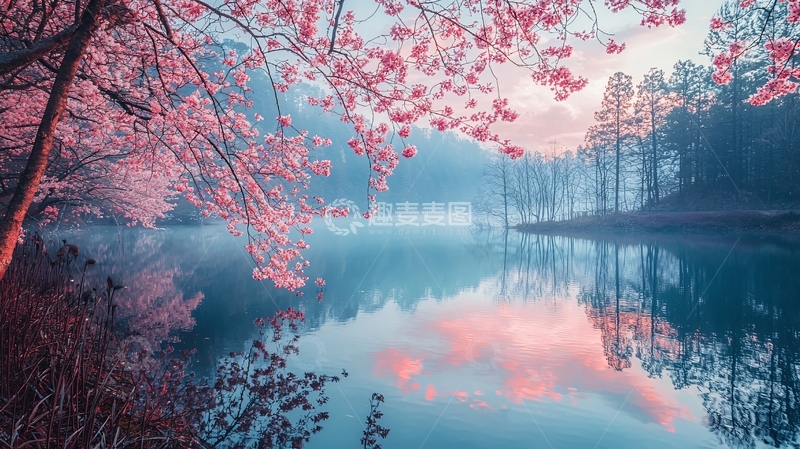高清大图下载【趣麦麦图】粉红色的樱花树倒映在湖水中