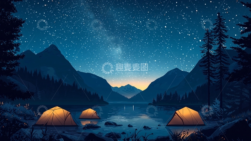 高清大图下载【趣麦麦图】星空下湖边露营