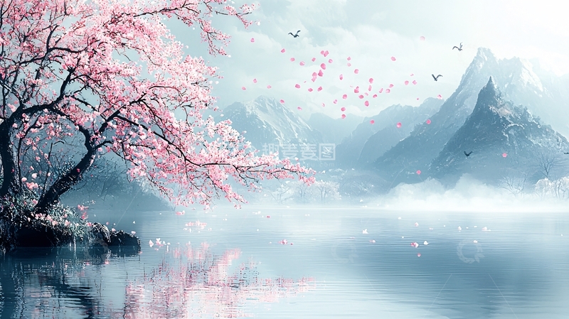 高清大图下载【趣麦麦图】唯美意境樱花湖泊山峰
