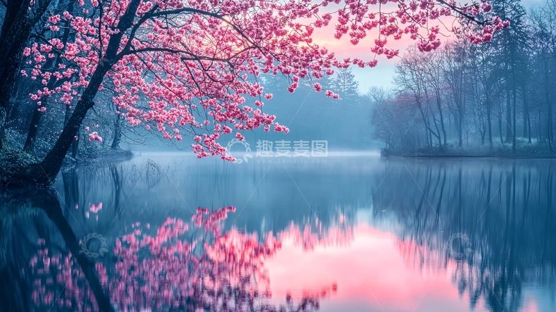 高清大图下载【趣麦麦图】粉色樱花湖边倒影
