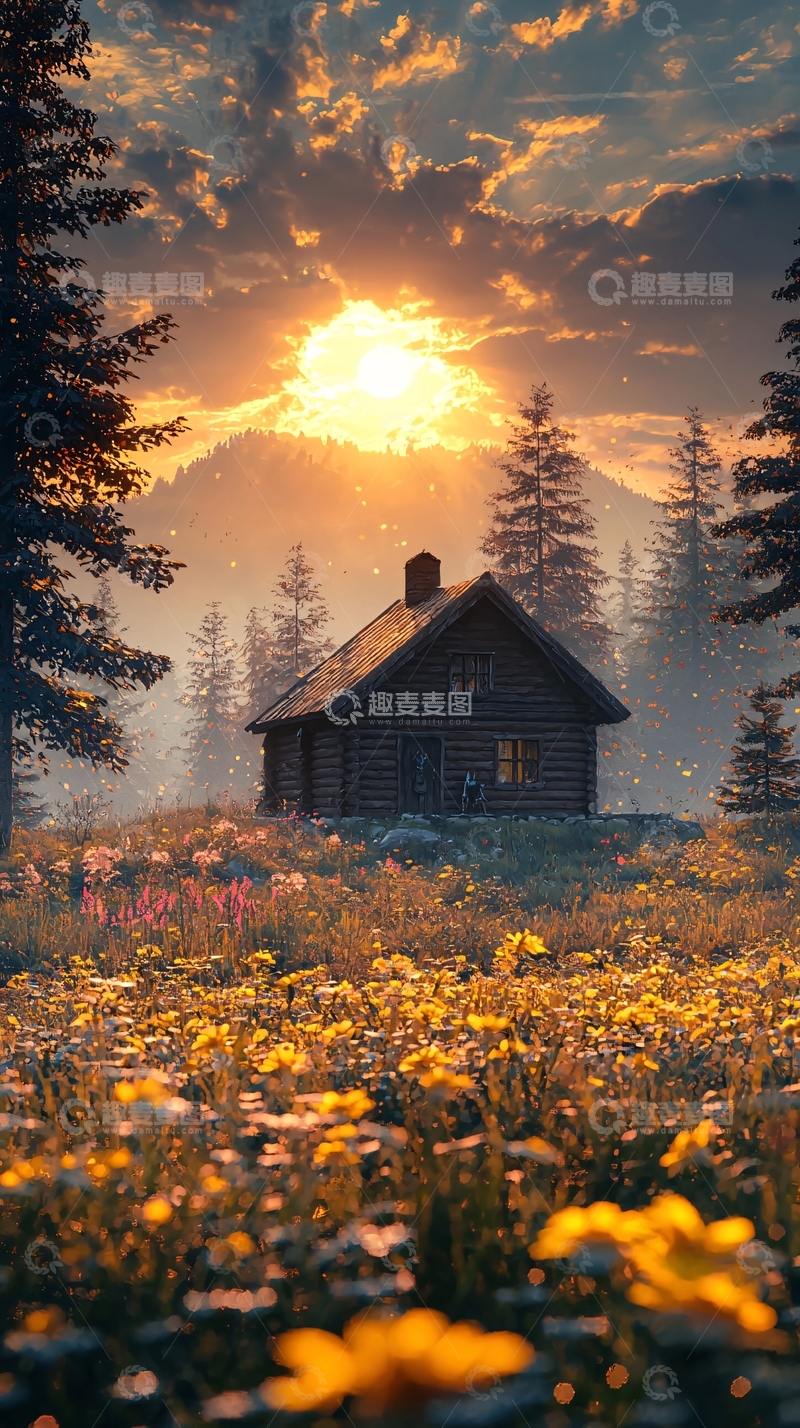 高清大图下载【趣麦麦图】日落山林木屋花海