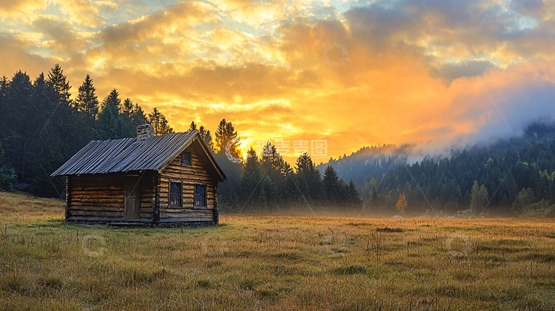 高清大图下载【趣麦麦图】木屋日落森林风景