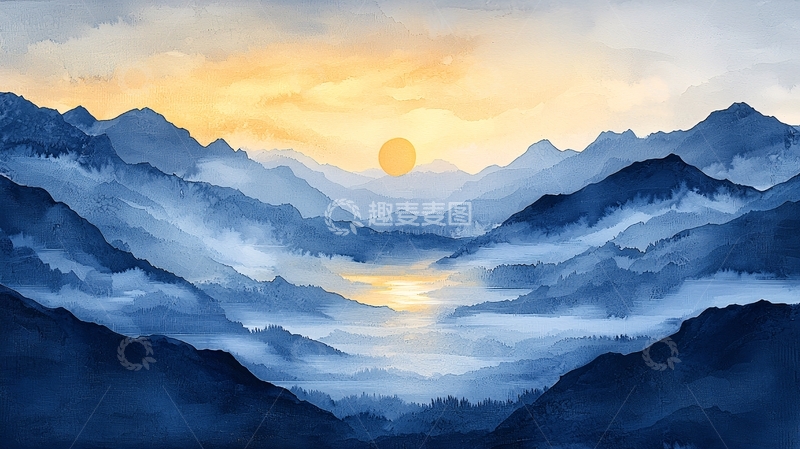 高清大图下载【趣麦麦图】日出山峦水墨画