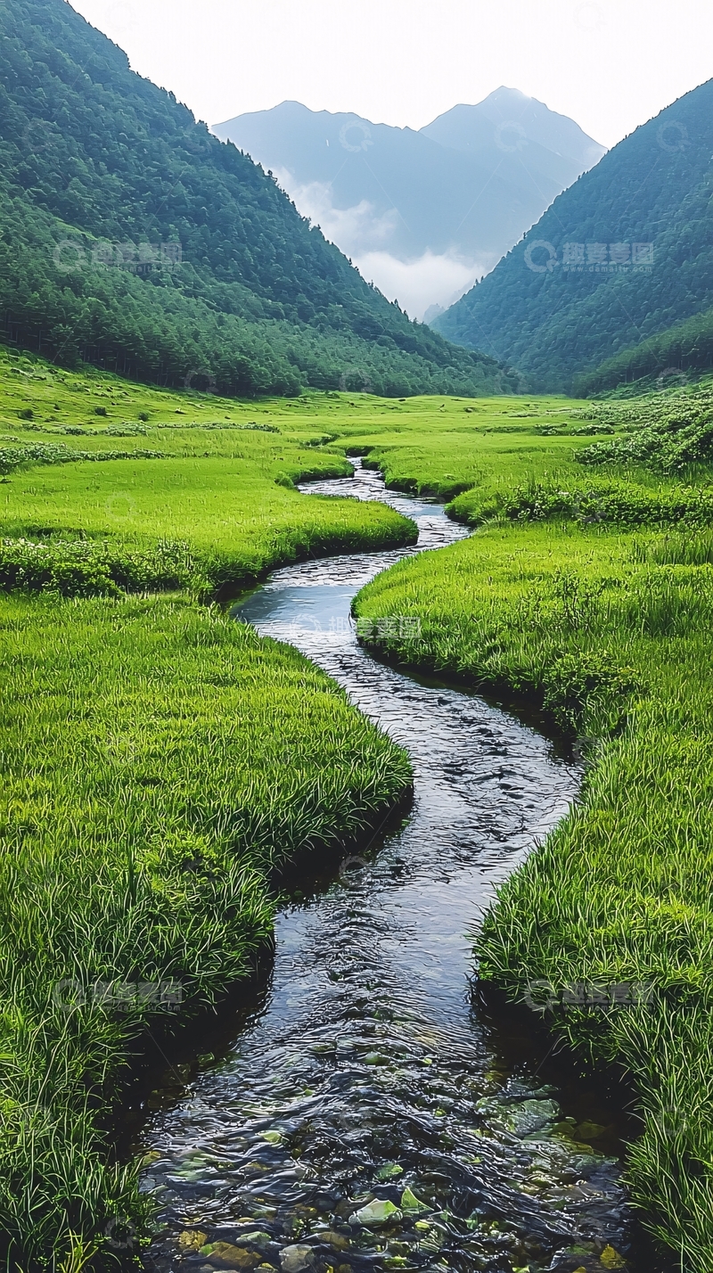 高清大图下载【趣麦麦图】山谷河流绿草地