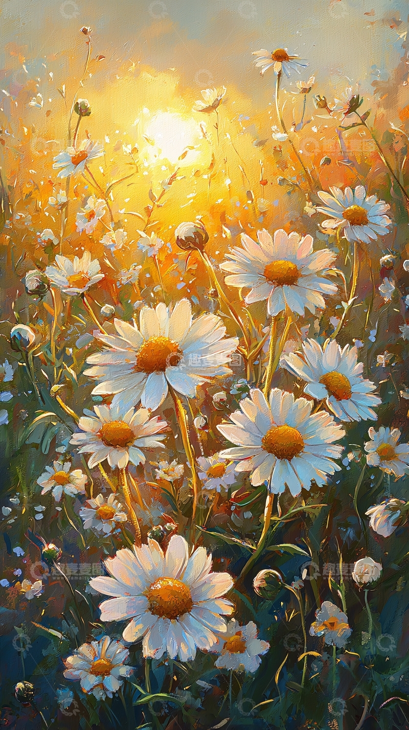 高清大图下载【趣麦麦图】夕阳下盛开的雏菊花田