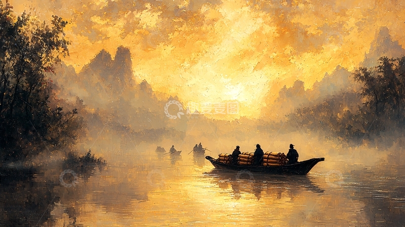 高清大图下载【趣麦麦图】金色朝霞下的雾气河道