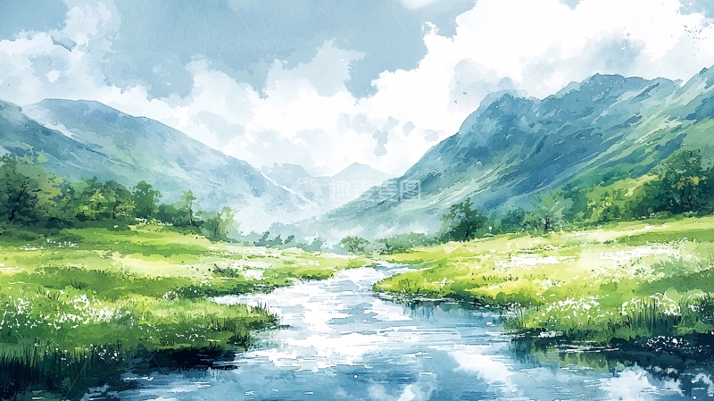 高清大图下载【趣麦麦图】山谷溪流风景画