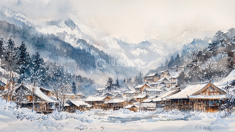 高清大图下载【趣麦麦图】雪山村庄水彩画