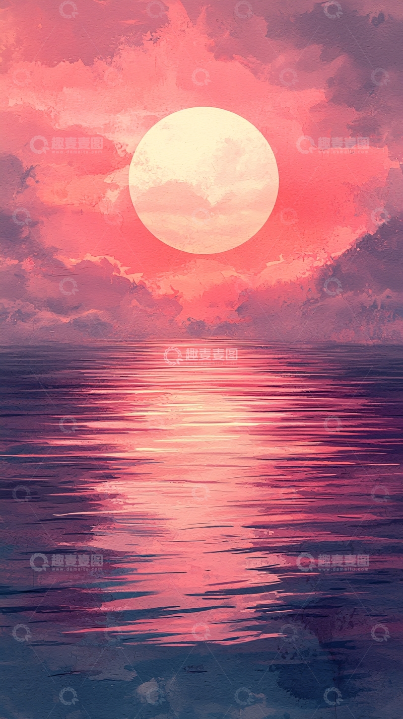 高清大图下载【趣麦麦图】粉色天空大海月亮