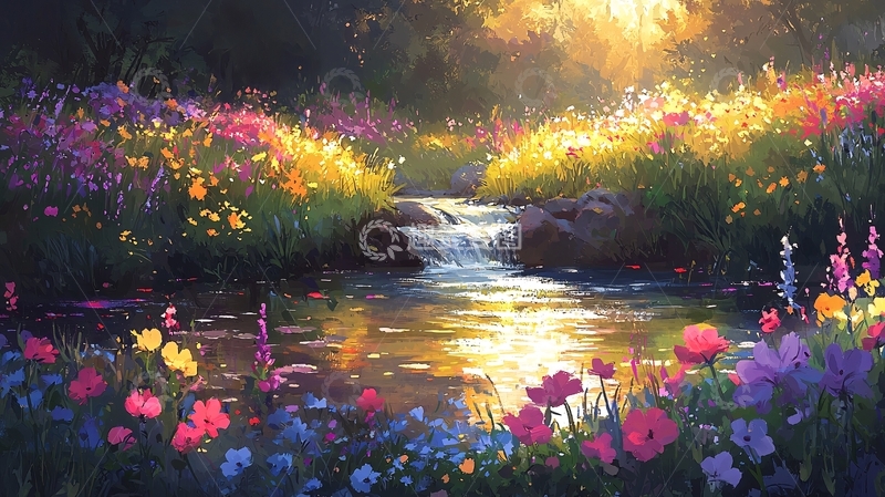 高清大图下载【趣麦麦图】阳光洒在花丛溪流