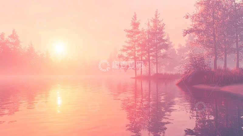 高清大图下载【趣麦麦图】粉红色日出湖边森林