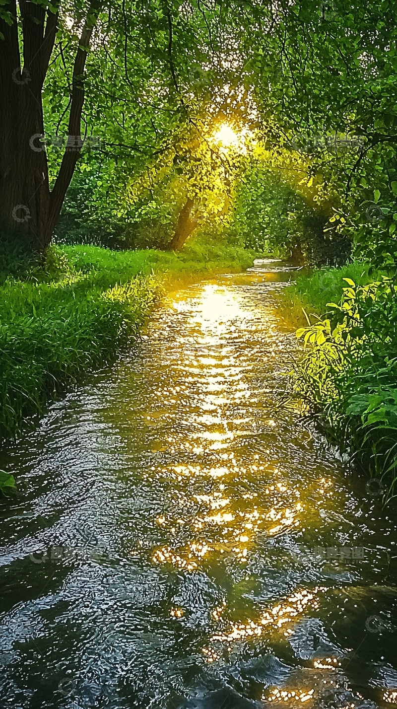 高清大图下载【趣麦麦图】阳光穿过树林的小溪