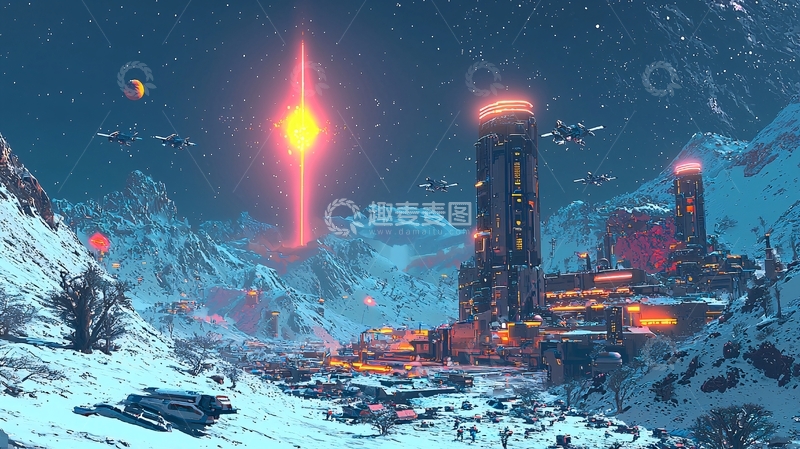 高清大图下载【趣麦麦图】雪山科幻城市夜景
