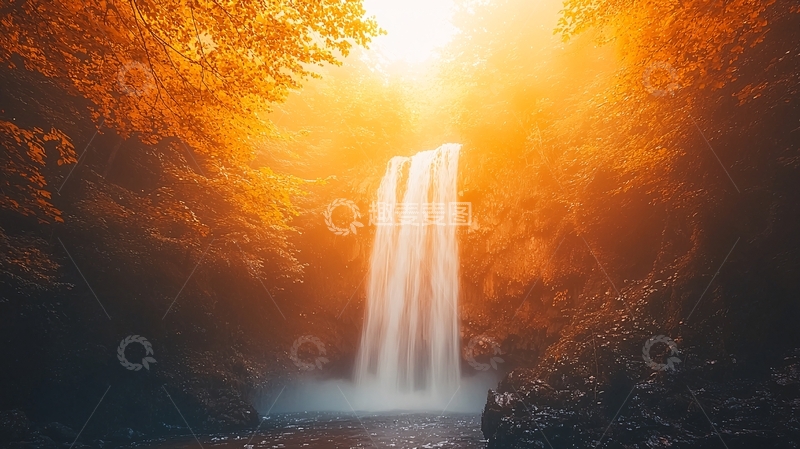 高清大图下载【趣麦麦图】金色阳光下的瀑布